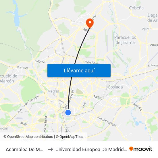 Asamblea De Madrid - Entrevías to Universidad Europea De Madrid (Campus De Alcobendas) map