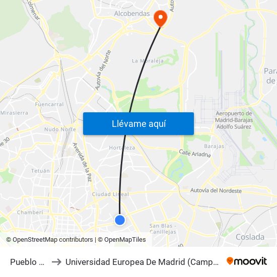 Pueblo Nuevo to Universidad Europea De Madrid (Campus De Alcobendas) map