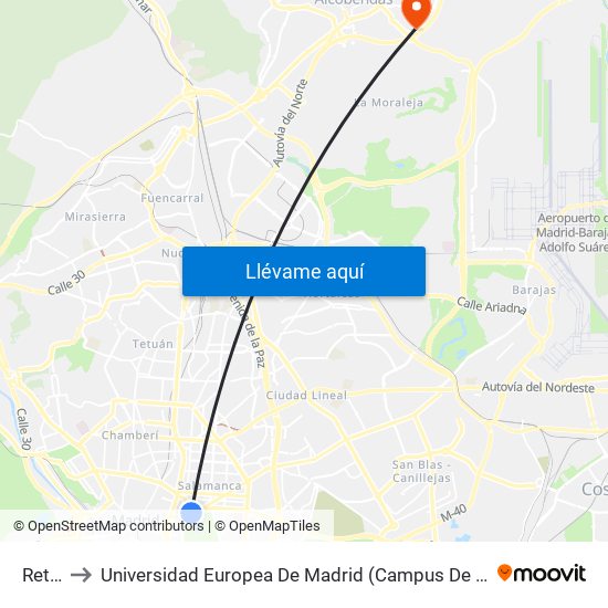 Retiro to Universidad Europea De Madrid (Campus De Alcobendas) map