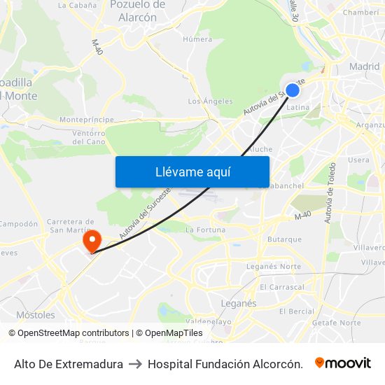 Alto De Extremadura to Hospital Fundación Alcorcón. map