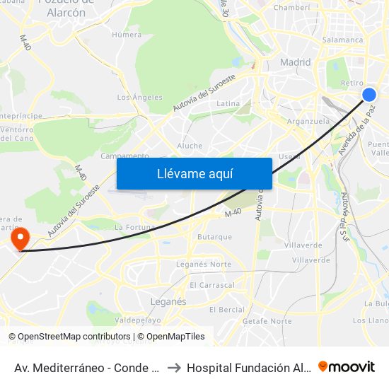 Av. Mediterráneo - Conde De Casal to Hospital Fundación Alcorcón. map