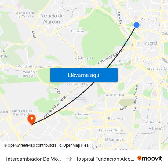 Intercambiador De Moncloa to Hospital Fundación Alcorcón. map