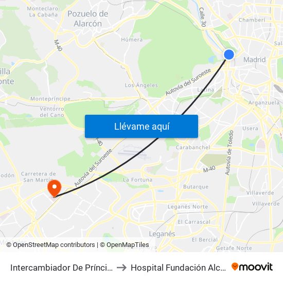 Intercambiador De Príncipe Pío to Hospital Fundación Alcorcón. map
