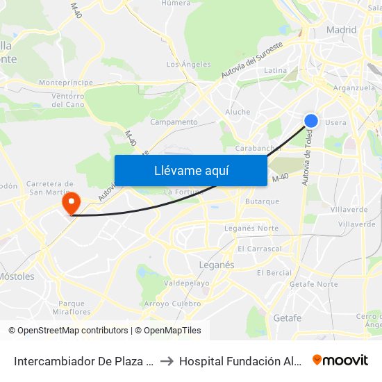 Intercambiador De Plaza Elíptica to Hospital Fundación Alcorcón. map