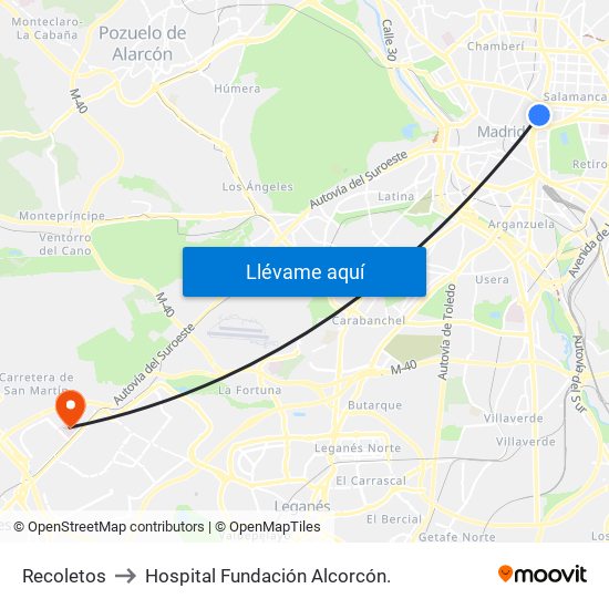 Recoletos to Hospital Fundación Alcorcón. map