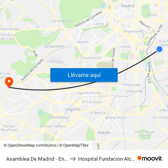Asamblea De Madrid - Entrevías to Hospital Fundación Alcorcón. map