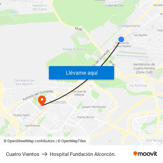 Cuatro Vientos to Hospital Fundación Alcorcón. map