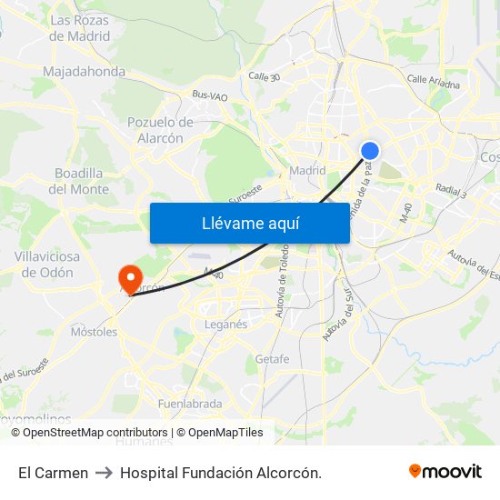 El Carmen to Hospital Fundación Alcorcón. map