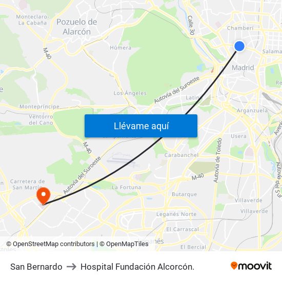 San Bernardo to Hospital Fundación Alcorcón. map