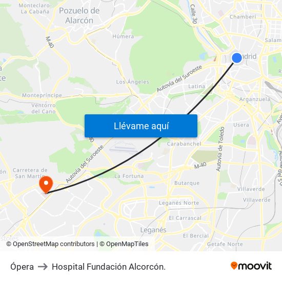 Ópera to Hospital Fundación Alcorcón. map