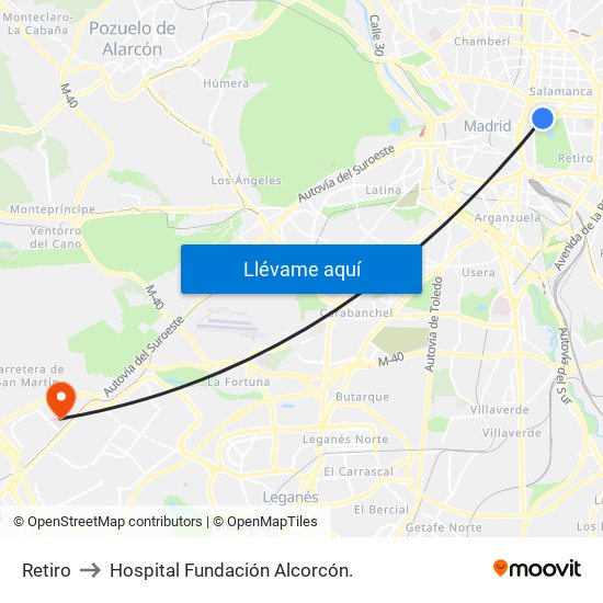Retiro to Hospital Fundación Alcorcón. map