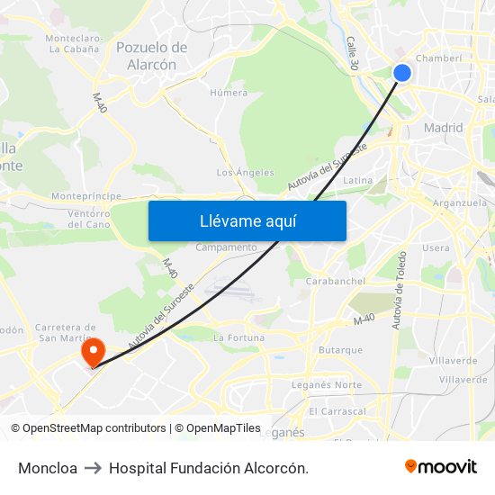 Moncloa to Hospital Fundación Alcorcón. map