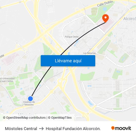 Móstoles Central to Hospital Fundación Alcorcón. map