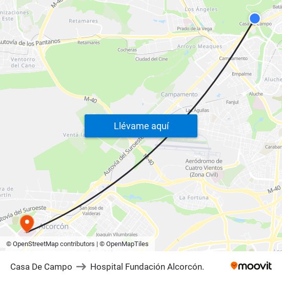 Casa De Campo to Hospital Fundación Alcorcón. map