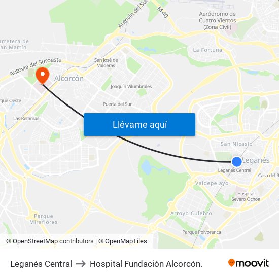 Leganés Central to Hospital Fundación Alcorcón. map