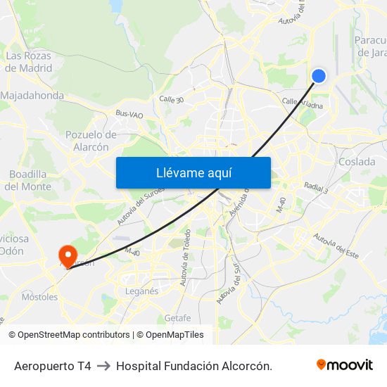 Aeropuerto T4 to Hospital Fundación Alcorcón. map