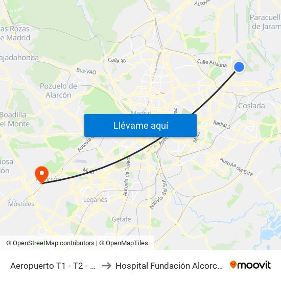 Aeropuerto T1 - T2 - T3 to Hospital Fundación Alcorcón. map