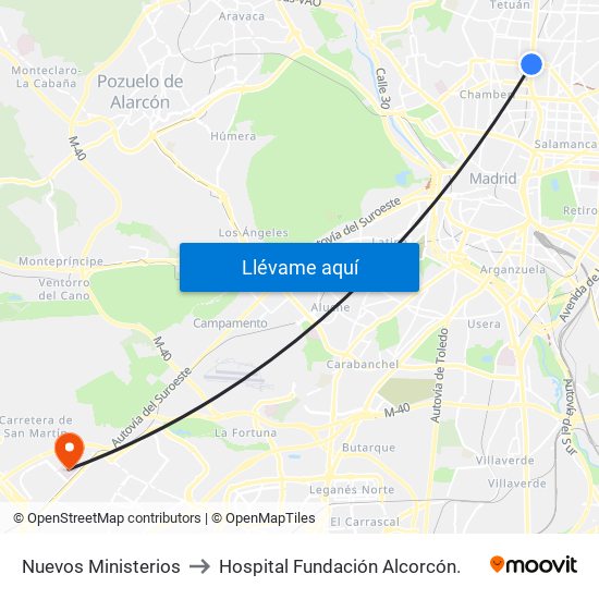 Nuevos Ministerios to Hospital Fundación Alcorcón. map