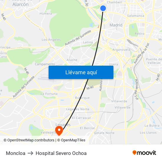 Moncloa to Hospital Severo Ochoa map