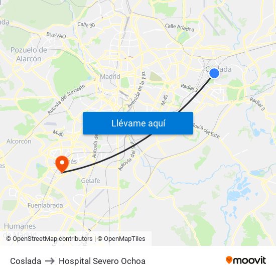 Coslada to Hospital Severo Ochoa map