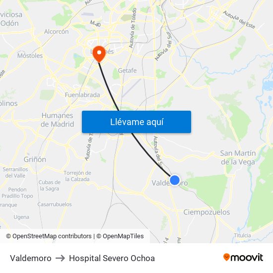 Valdemoro to Hospital Severo Ochoa map