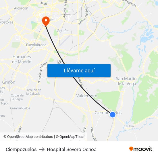 Ciempozuelos to Hospital Severo Ochoa map