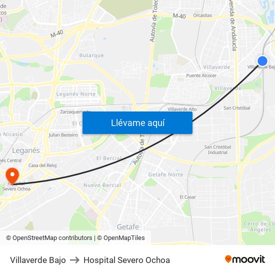 Villaverde Bajo to Hospital Severo Ochoa map