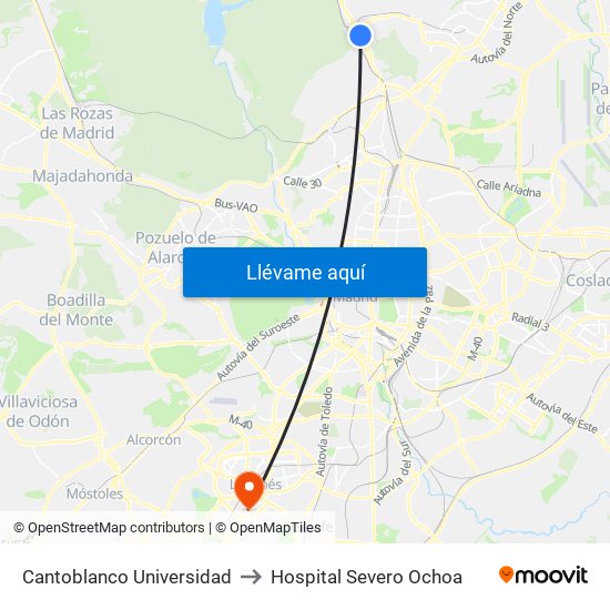 Cantoblanco Universidad to Hospital Severo Ochoa map