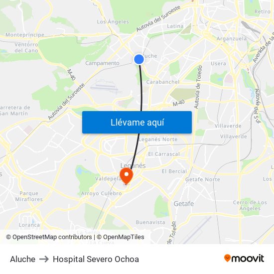 Aluche to Hospital Severo Ochoa map