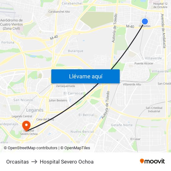 Orcasitas to Hospital Severo Ochoa map