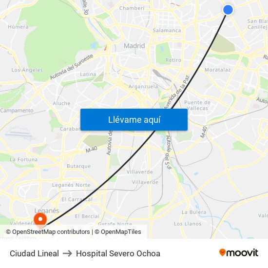 Ciudad Lineal to Hospital Severo Ochoa map