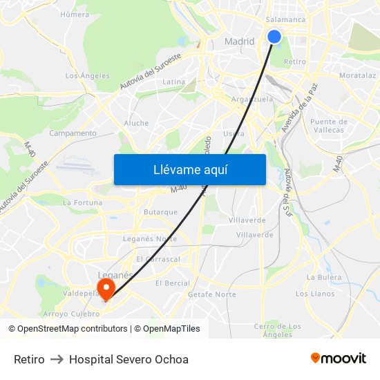 Retiro to Hospital Severo Ochoa map