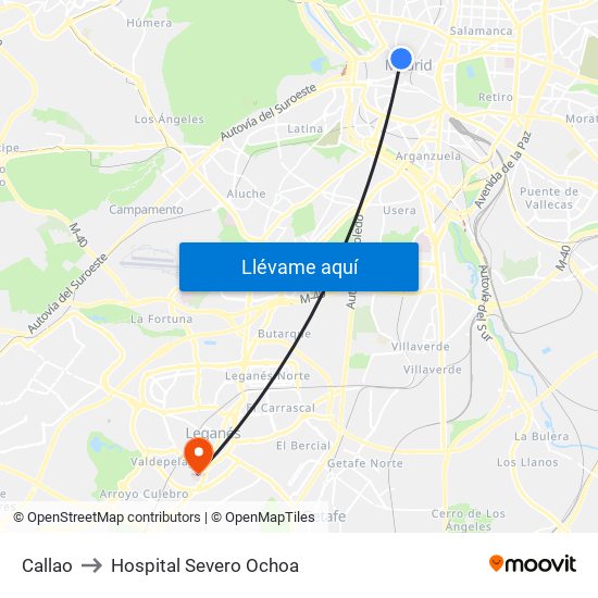 Callao to Hospital Severo Ochoa map