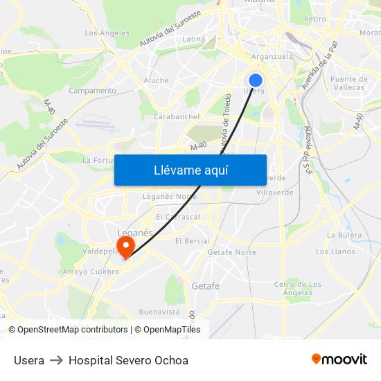 Usera to Hospital Severo Ochoa map