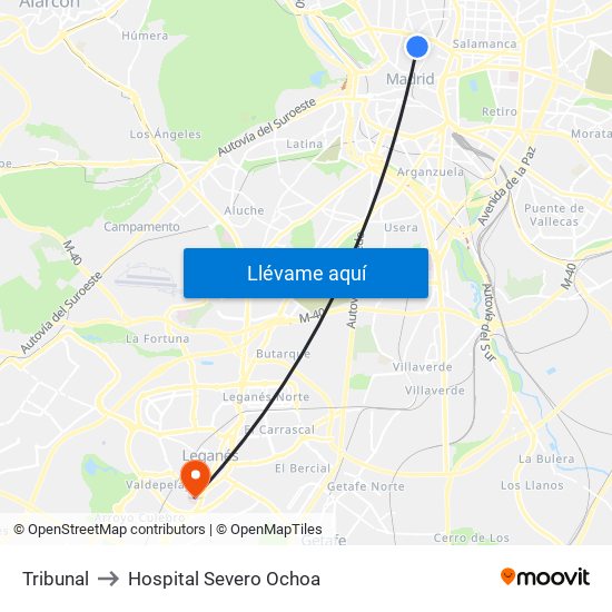Tribunal to Hospital Severo Ochoa map