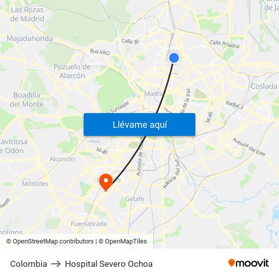 Colombia to Hospital Severo Ochoa map