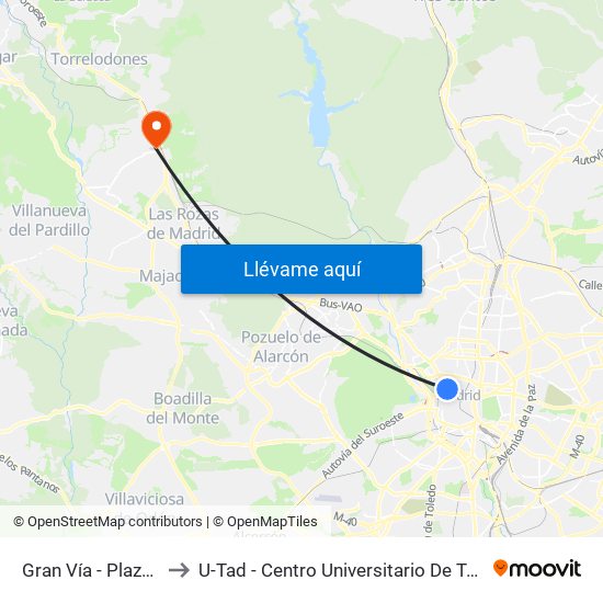 Gran Vía - Plaza De España to U-Tad - Centro Universitario De Tecnología Y Arte Digital map