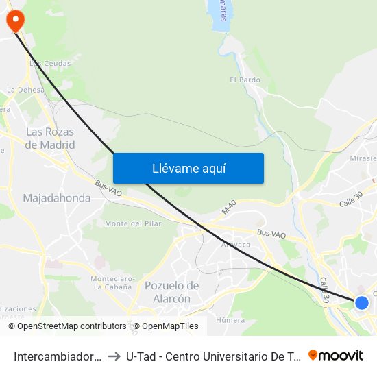 Intercambiador De Moncloa to U-Tad - Centro Universitario De Tecnología Y Arte Digital map
