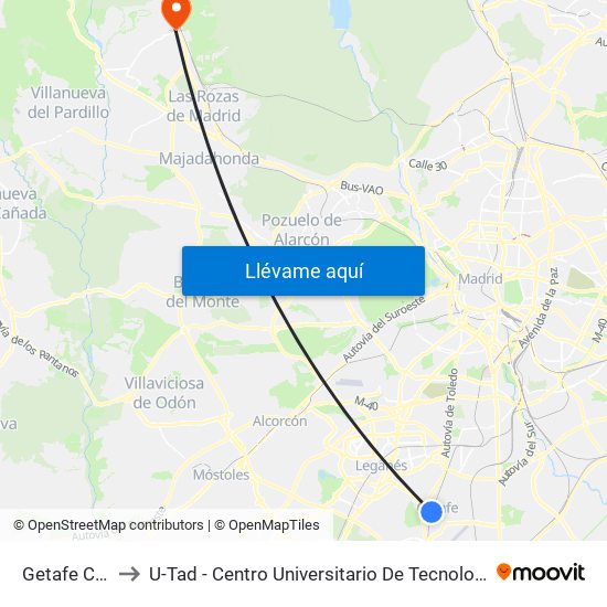 Getafe Central to U-Tad - Centro Universitario De Tecnología Y Arte Digital map