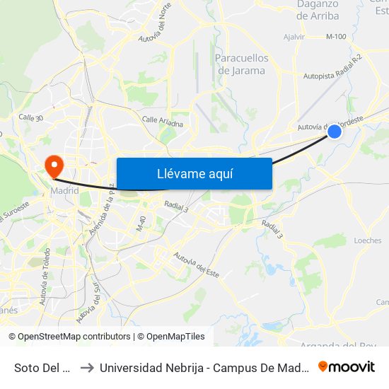Soto Del Henares to Universidad Nebrija - Campus De Madrid-Princesa - Edificio D map
