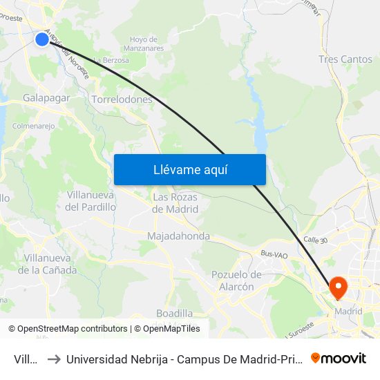 Villalba to Universidad Nebrija - Campus De Madrid-Princesa - Edificio D map