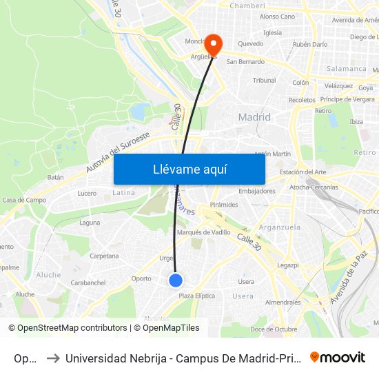 Opañel to Universidad Nebrija - Campus De Madrid-Princesa - Edificio D map