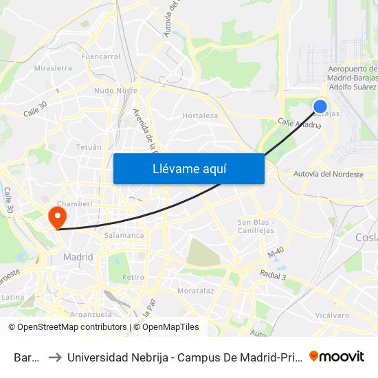 Barajas to Universidad Nebrija - Campus De Madrid-Princesa - Edificio D map