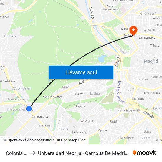 Colonia Jardín to Universidad Nebrija - Campus De Madrid-Princesa - Edificio D map