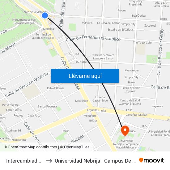 Intercambiador De Moncloa to Universidad Nebrija - Campus De Madrid-Princesa - Edificio D map
