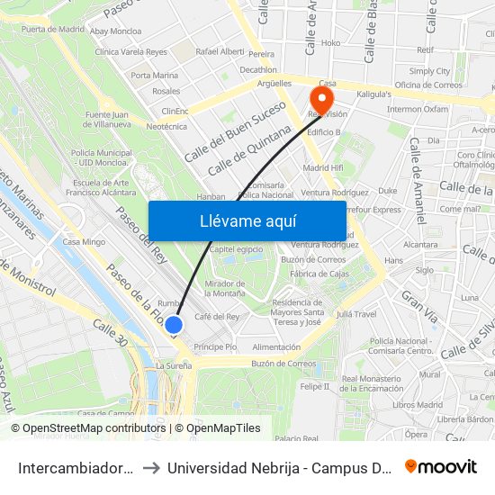 Intercambiador De Príncipe Pío to Universidad Nebrija - Campus De Madrid-Princesa - Edificio D map