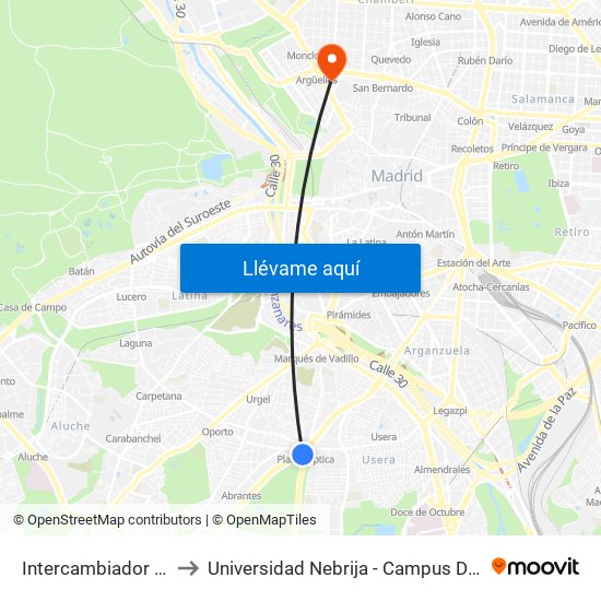 Intercambiador De Plaza Elíptica to Universidad Nebrija - Campus De Madrid-Princesa - Edificio D map