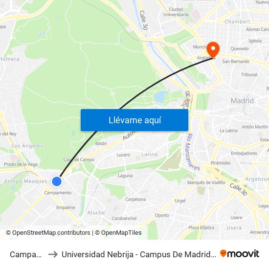 Campamento to Universidad Nebrija - Campus De Madrid-Princesa - Edificio D map