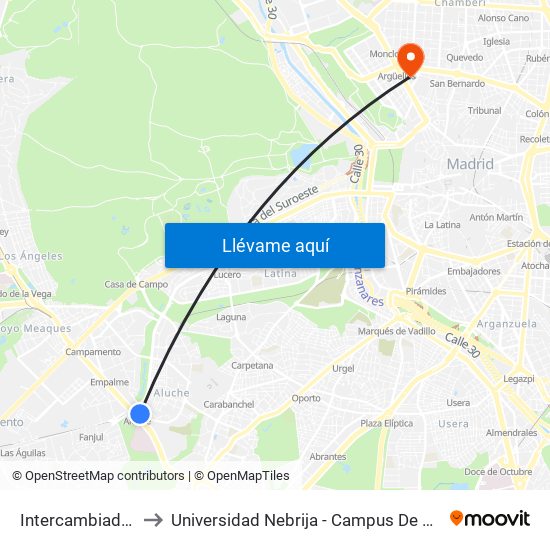 Intercambiador De Aluche to Universidad Nebrija - Campus De Madrid-Princesa - Edificio D map