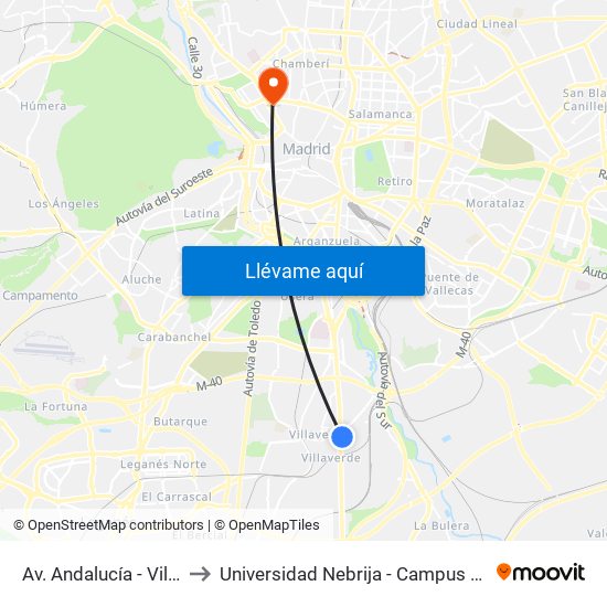 Av. Andalucía - Villaverde Bajo Cruce to Universidad Nebrija - Campus De Madrid-Princesa - Edificio D map